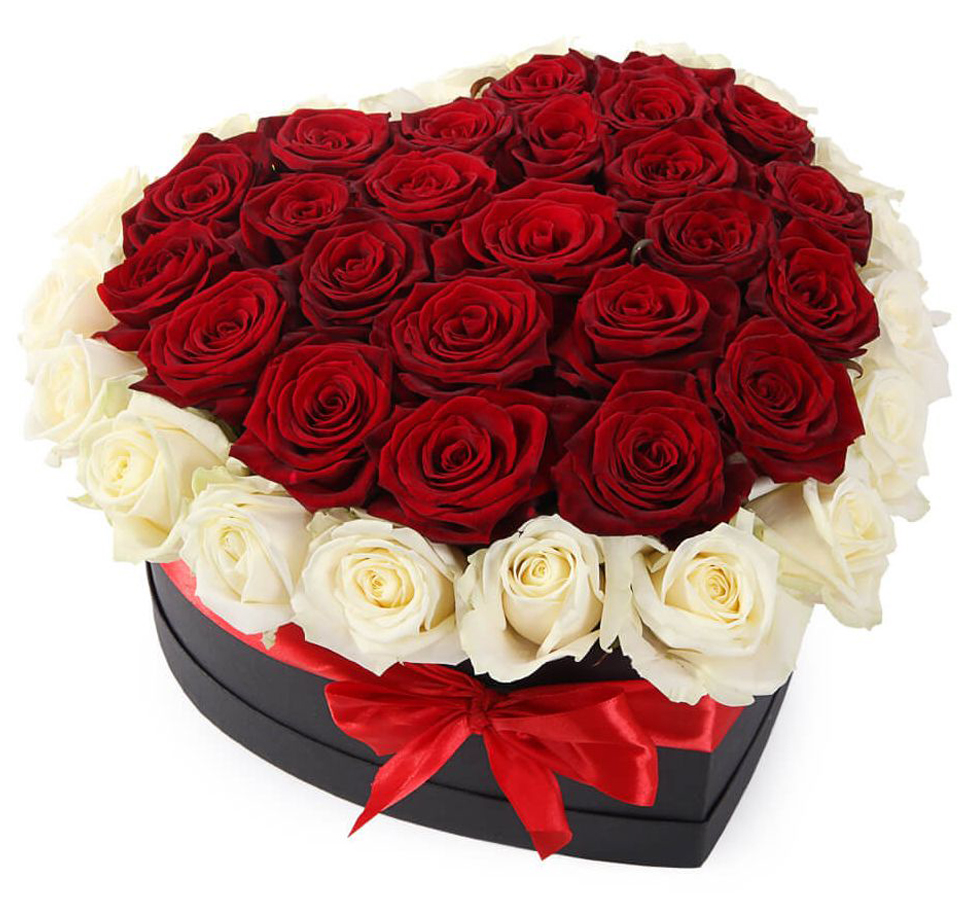 Order 48 Red & White Roses in Heart Shape Box to Philippines