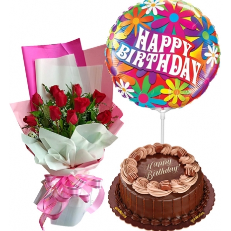 10 Red Roses with Birthday Balloon and Cake To Philippines | Balloon ...