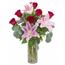 3 Pink Lilies and 6 Red Roses with Free Beautiful Vase