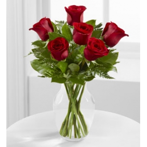 6 Red Roses in Vase with Greenery