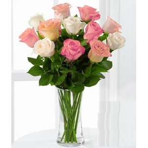 12 White and Pink Roses in Vase
