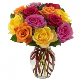 12 Multicolor Roses in Vase