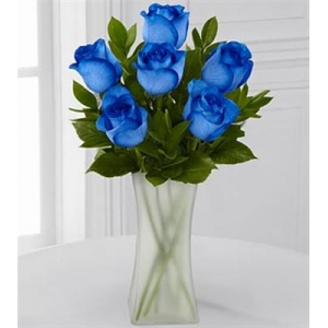 6 Blue Roses in Vase