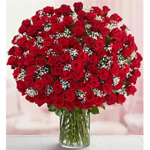 99 Red Roses in Vase with Greenery
