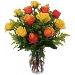 6 Yellow & 6 Orange Roses in Vase with Greenery