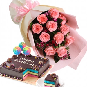 12 Pink Roses in Bouquer with Dedication Cake