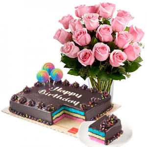 Rainbow Cake with 18 Pink Roses