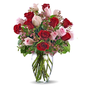 24 Red & Pink Roses in Vase with Greenery