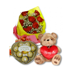 Red Rose bouquet,Ferrero chocolate box With Bear
