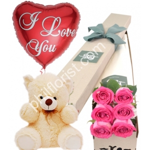 Send 6 pink roses box pink bear with balloon to Philippines