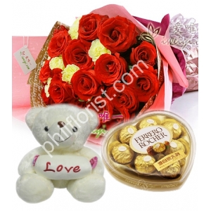 Send 12 red roses & 6 yellow roses bouquet pink bear with ferrero box to Philippines