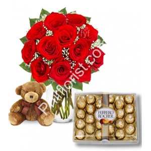Send red roses vase 24 pcs ferrero box with mini bear to Philippines