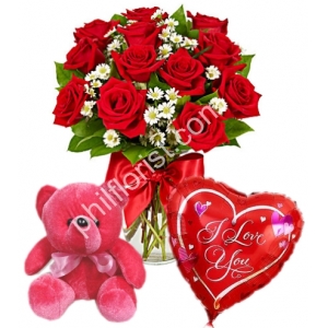 Send 12 red roses vase red bear with balloon to Philippines