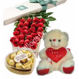 Send 24 red roses box ferrero chocolate box with white love you bear to Philippines