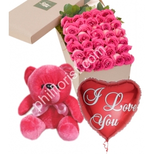 Send 36 pink roses box red bear with balloon to Philippines