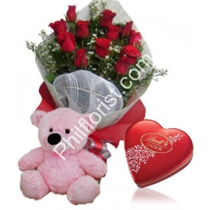 Send 12 red rose bouquet Pink bear with lindt chocolate box to Philippines