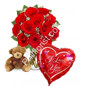 Send red rose vase small brown bear with love you balloon to Philippines
