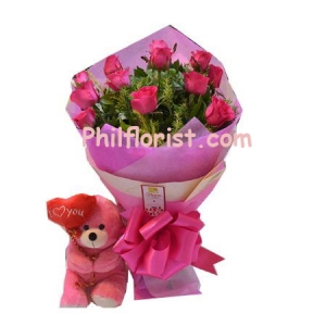 12 pink roses with small heart teddy bear send to philippines
