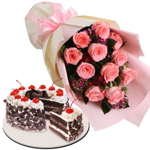 Black Forest Cake with 12 Pink Roses