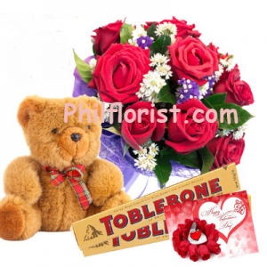 12 Red Roses,Toblerone Chocolate with Bear Send to Philippines