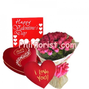 24 Pink Roses,Lindt Chocolate Box with Heart Pillow Send to Philippines