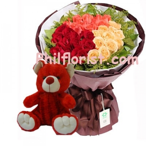 36 Mixed Roses in Bouquet with Red Bear Send to Philippines