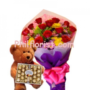 12 Red Roses Bouquet,Ferrero Chocolate w/ Bear Send to Philippines