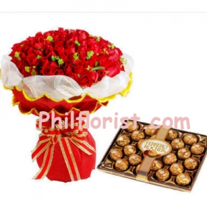 24 Red Roses Bouquet w/ Ferrero Rocher Chocolate to Philippines