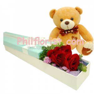 3 Red Roses in Box w/ Brown Teddy Bear Send to Philippines