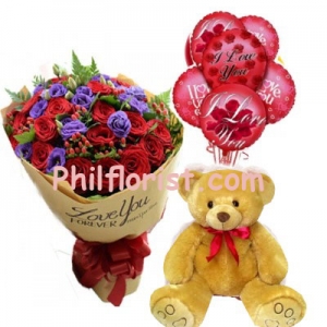 12 Red Roses Bouquet,Love you Balloons w/ Bear to Philippines