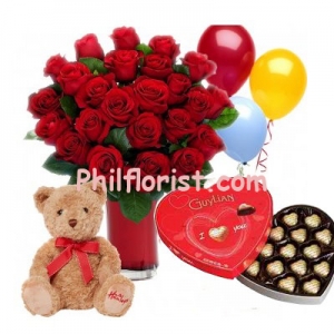 24 Red Roses Vase,Guylian Box,Balloons w/ Bear to philippines