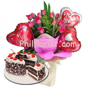 12 Pink Roses Bouquet,Love Balloon with Cake Send to Philippines