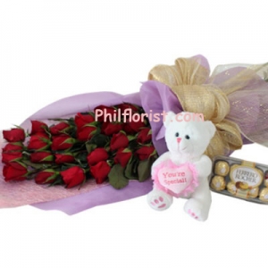 24 Red Roses,Ferrero Chocolate with Bear send to philippines