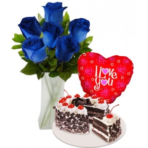 6 Blue Roses in Vase,Love Balloon with Cake to Philippines