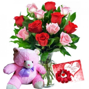 12 Red & Pink Roses Vase w/ Teddy Bear Send to Philippines