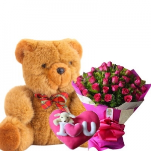 24 Pink Roses, Pillow and  Big Bear to Philippines
