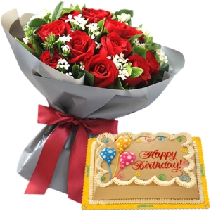 red roses bouquet with birthday cake to philippines