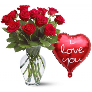 12 Red Roses in Vase with I Love You Balloon
