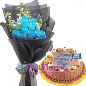 12 Blue Roses with Chocolate Dedication Cake