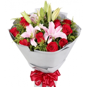 1 Stem White Lilies With 12 Red Roses in a Bouquet