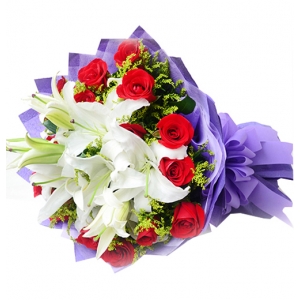 12  Red Roses with 2 Stems White Lilies in a Bouquet