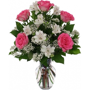 6 Pink Roses with Seasonal Flowers in Vase