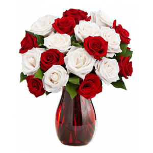 9 Red & 9 White Roses in Vase
