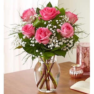 6 Pink Roses in Vase with Greenery