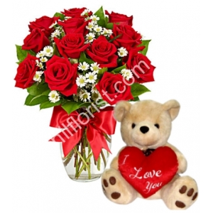 send 12 red roses in vase with bear to philippines