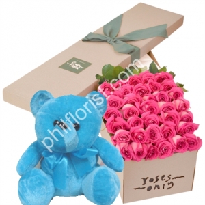 send 24 pink roses with blue teddy bear to philippines