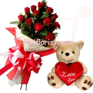12 red roses in bouquet and bear with pillow send to philippines