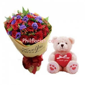 24 red roses with small heart bear send to philippines