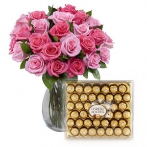 Send 12 Pink Roses in Vase with Ferrero Rocher- 40 pcs Chocolates to Philippines