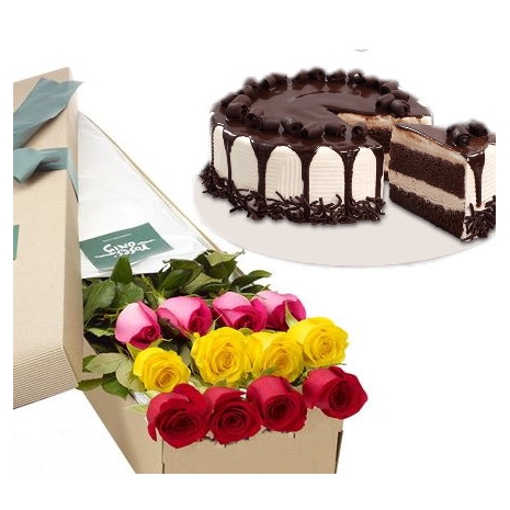 12 mixed roses with tiramisu cake